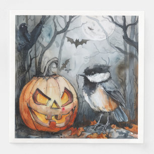 Watercolor Halloween Chickadee Bird for Decoupage Paper Dinner Napkins