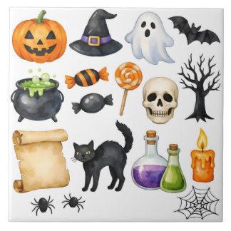 Watercolor Halloween Collage Ceramic Tile