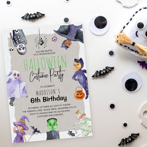 Watercolor Halloween Costume Kids Birthday Party Invitation