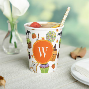 Watercolor Halloween Cupcakes and Sweets Monogram Paper Cups