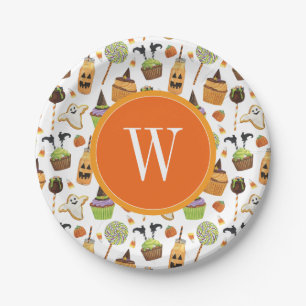 Watercolor Halloween Cupcakes and Sweets Monogram Paper Plates