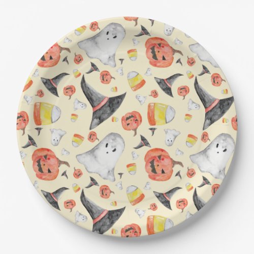 Watercolor Halloween Cute Spooky Ghost Witch Corn Paper Plates