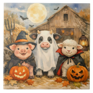 Watercolor Halloween Farm Animals by the Barn Ceramic Tile