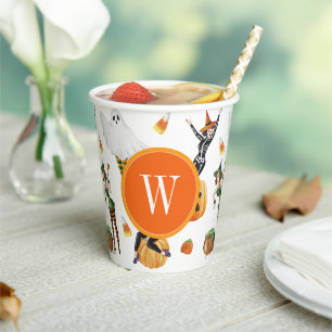 Watercolor Halloween Fashion Girls Witch Monogram Paper Cups