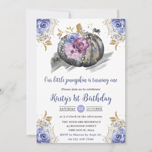 Watercolor Halloween Floral Pumpkins 1st Birthday Invitation