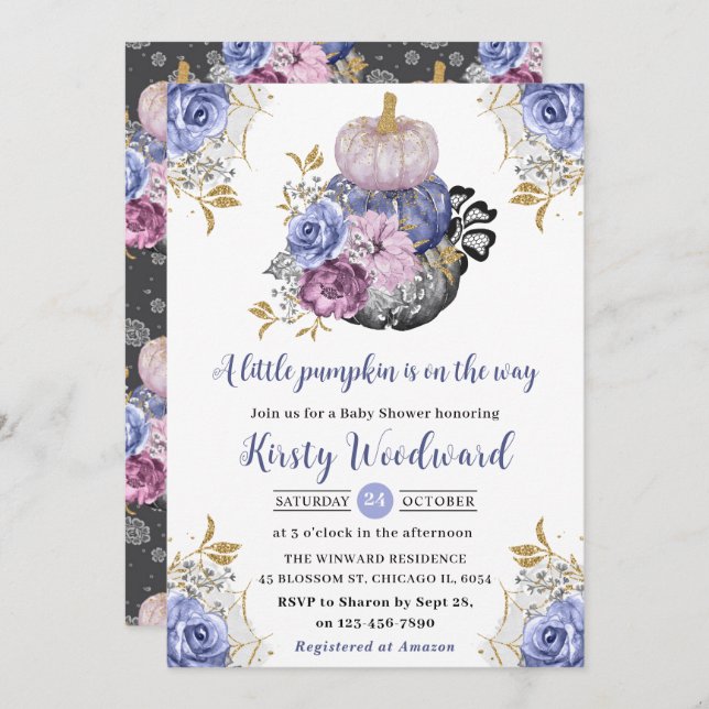 Watercolor Halloween Floral Pumpkins Baby Shower Invitation (Front/Back)