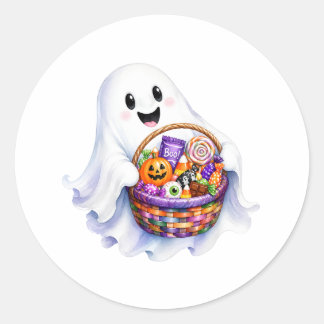 Watercolor Halloween Ghost with Candy Basket Classic Round Sticker