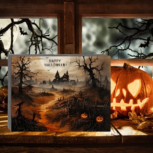 Watercolor Halloween Haunted House Wooden Box Sign