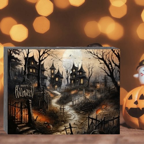 Watercolor Halloween Haunted Mansions Wooden Box