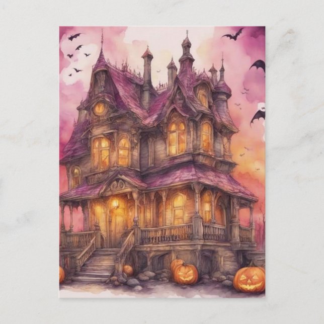 Watercolor Halloween House AI Art Postcard (Front)