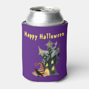 Watercolor Halloween House & Hat Can Cooler