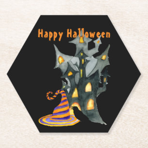 Watercolor Halloween House & Hat Paper Coaster