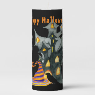 Watercolor Halloween House & Hat  Pillar Candle