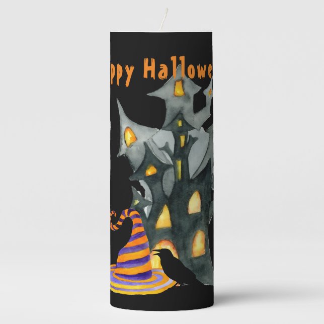 Watercolor Halloween House & Hat  Pillar Candle (Front)
