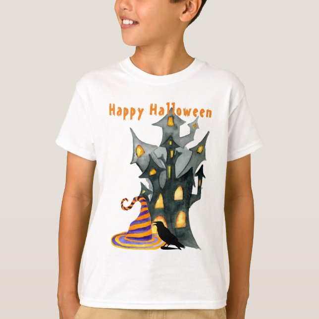 Watercolor Halloween House & Hat  T-Shirt (Front)