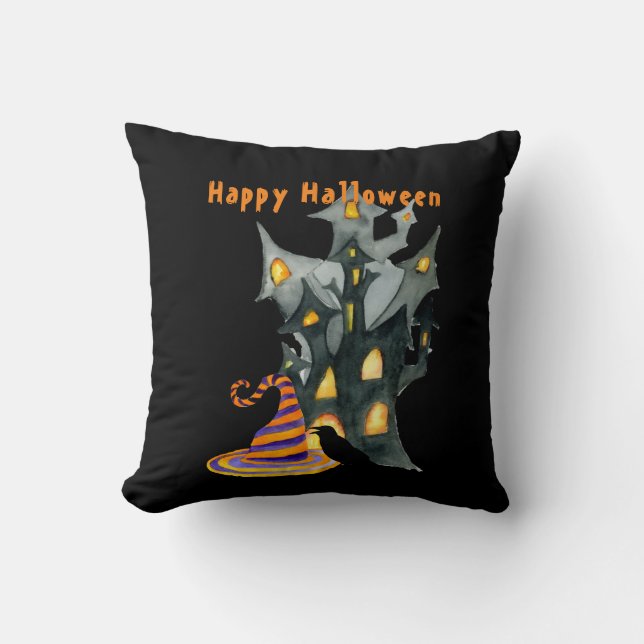 Watercolor Halloween House & Hat  Throw Pillow (Front)