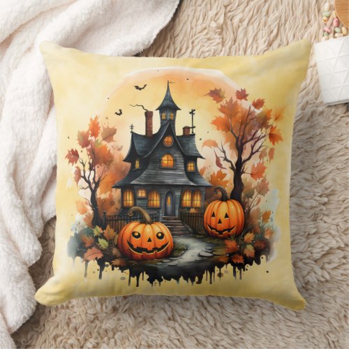 Watercolor Halloween House Throw Pillow