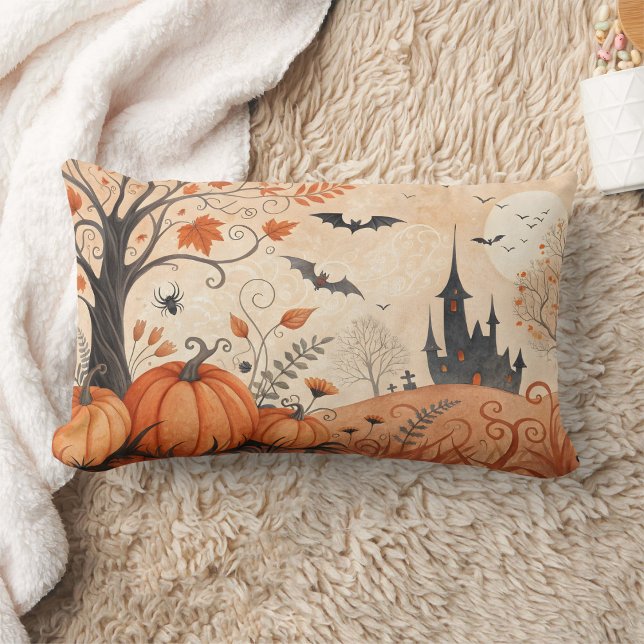 watercolor halloween hunted house with pumpkin lumbar pillow (Creator Uploaded)