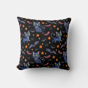 Watercolor Halloween illustration with black cats Throw Pillow