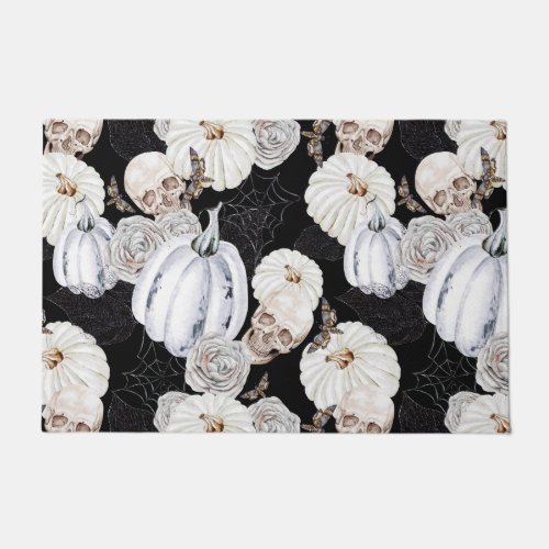 Watercolor Halloween Pumpkins Skulls Black White Doormat