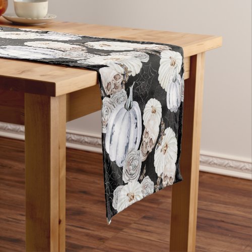 Watercolor Halloween Pumpkins Skulls Black White Short Table Runner