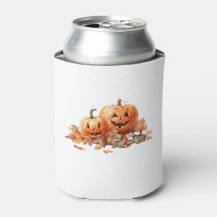 Watercolor Halloween Pumpkins with Autumn Leaves O Can Cooler