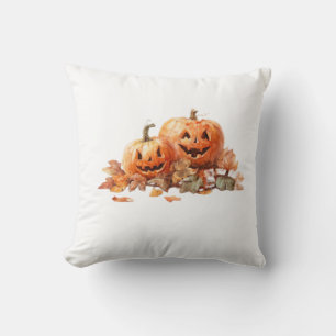 Watercolor Halloween Pumpkins with Autumn Leaves O Throw Pillow