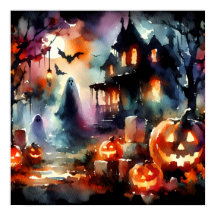 Watercolor Halloween Scene