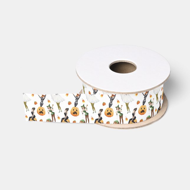 Watercolor Halloween Stylish Fashion Witch Ladies Grosgrain Ribbon (Spool)