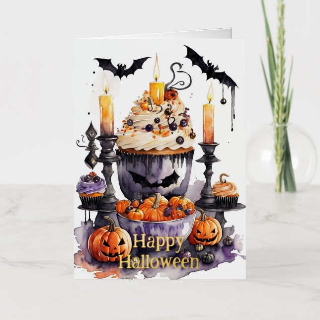 Watercolor Halloween Sweets Foil Greeting Card (Front)