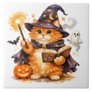 Watercolor Halloween Wizard Cat with Ghost Ceramic Tile