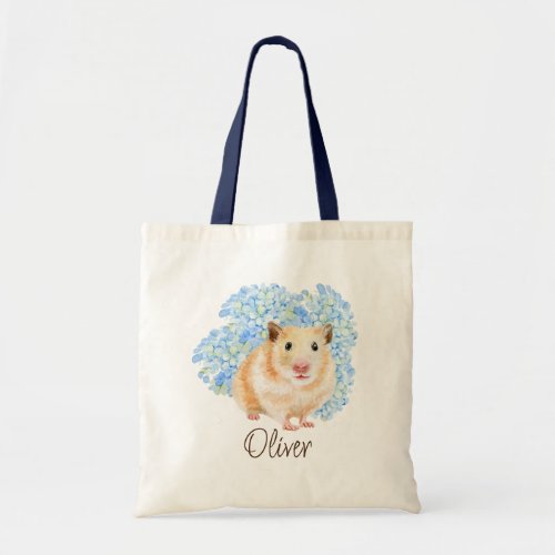 Watercolor hamster with floral tote bag
