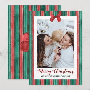 Watercolor Hand Drawn Bow Stripes Christmas Photo Holiday Card