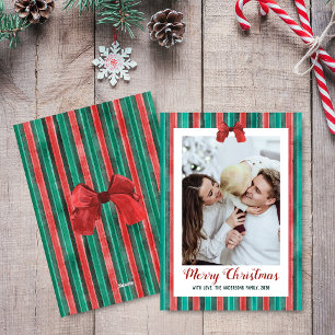Watercolor Hand Drawn Bow Stripes Christmas Photo Holiday Card