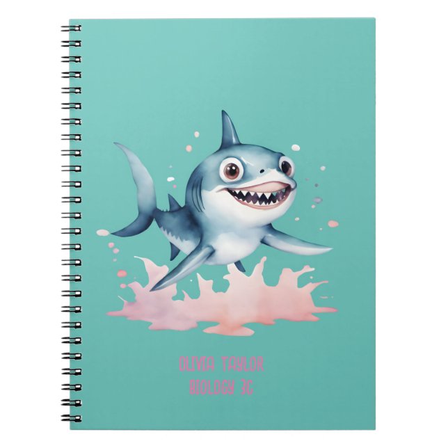 Watercolor Hand Drawn Cute Playful Baby Shark Notebook (Front)