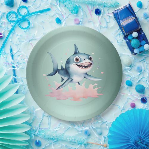 Watercolor Hand Drawn Cute Playful Baby Shark Paper Plates