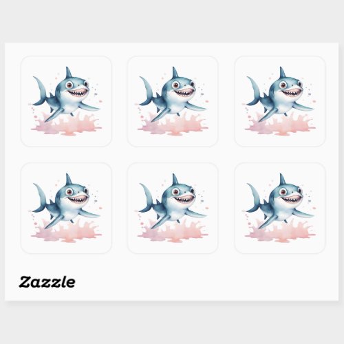 Watercolor Hand Drawn Cute Playful Baby Shark Square Sticker