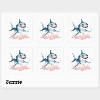 Watercolor Hand Drawn Cute Playful Baby Shark Square Sticker