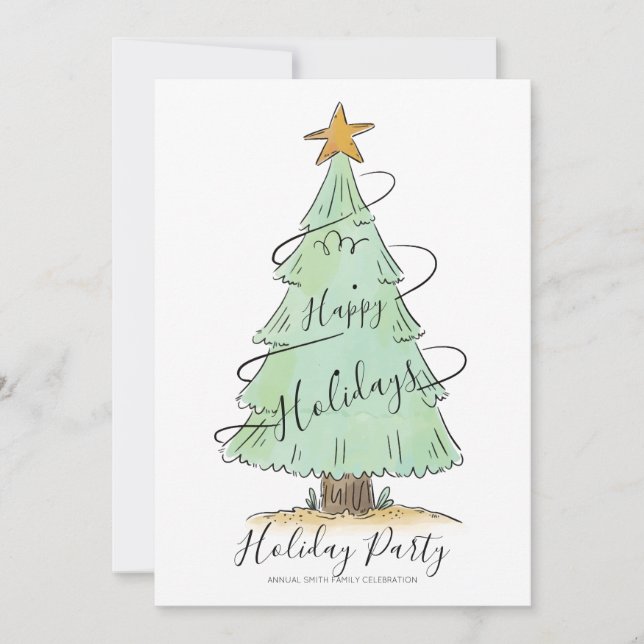 Watercolor Hand Drawn Holiday Party Invitation (Front)
