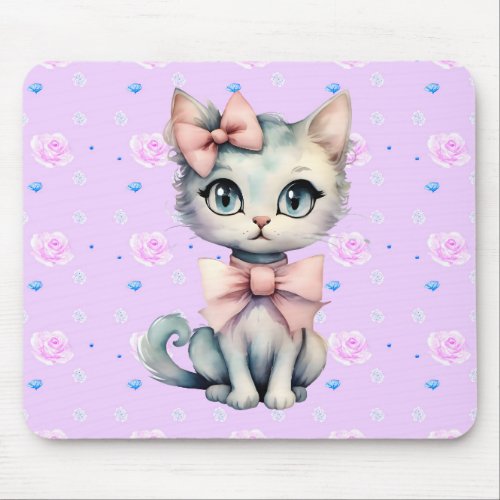 Watercolor Hand Drawn Kitty With Two Bows Mouse Pad