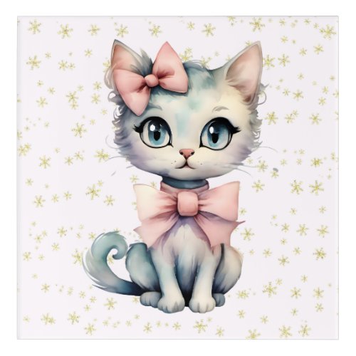 Watercolor Hand Drawn Kitty With Two Pink Bows Acrylic Print
