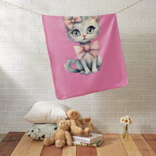 Watercolor Hand Drawn Kitty With Two Pink Bows Baby Blanket