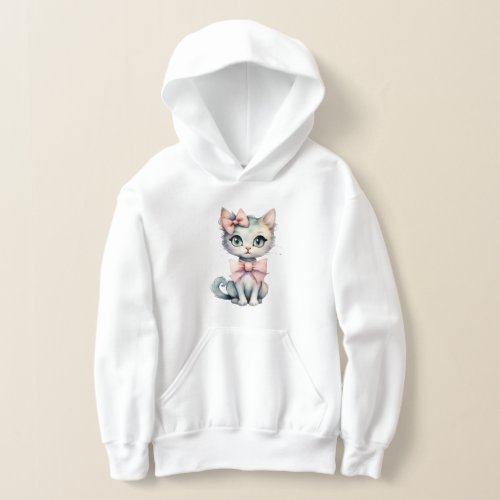 Watercolor Hand Drawn Kitty With Two Pink Bows Hoodie
