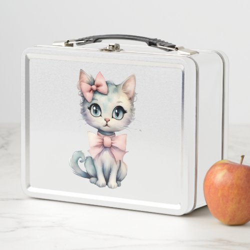 Watercolor Hand Drawn Kitty With Two Pink Bows Metal Lunch Box
