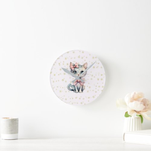 Watercolor Hand Drawn Kitty With Two Pink Bows Round Clock
