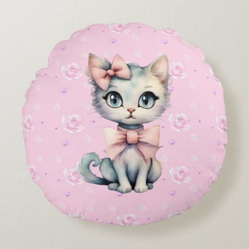 Watercolor Hand Drawn Kitty With Two Pink Bows Round Pillow