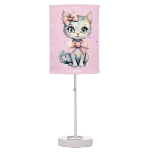 Watercolor Hand Drawn Kitty With Two Pink Bows Table Lamp