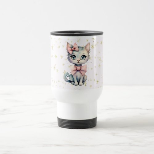 Watercolor Hand Drawn Kitty With Two Pink Bows Travel Mug