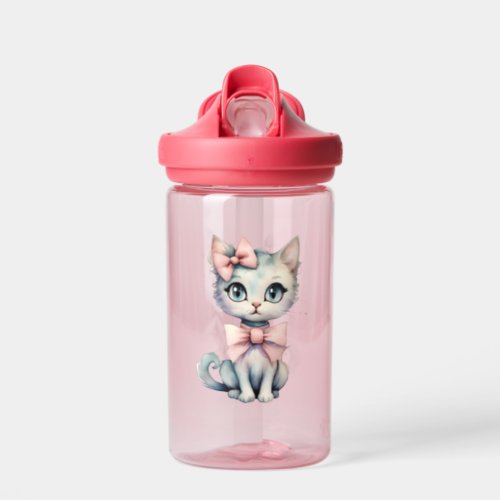 Watercolor Hand Drawn Kitty With Two Pink Bows Water Bottle