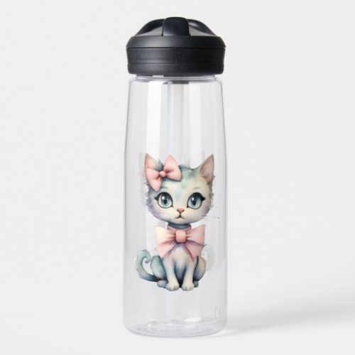 Watercolor Hand Drawn Kitty With Two Pink Bows Water Bottle